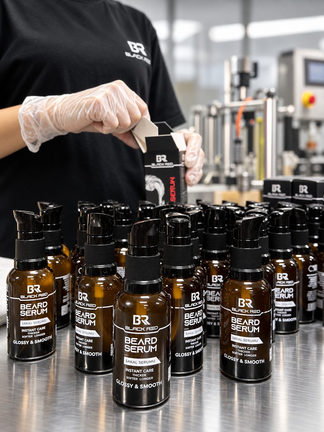 Beard serum bottles being boxed on the packing line — private label packaging at Dora Kozmetik