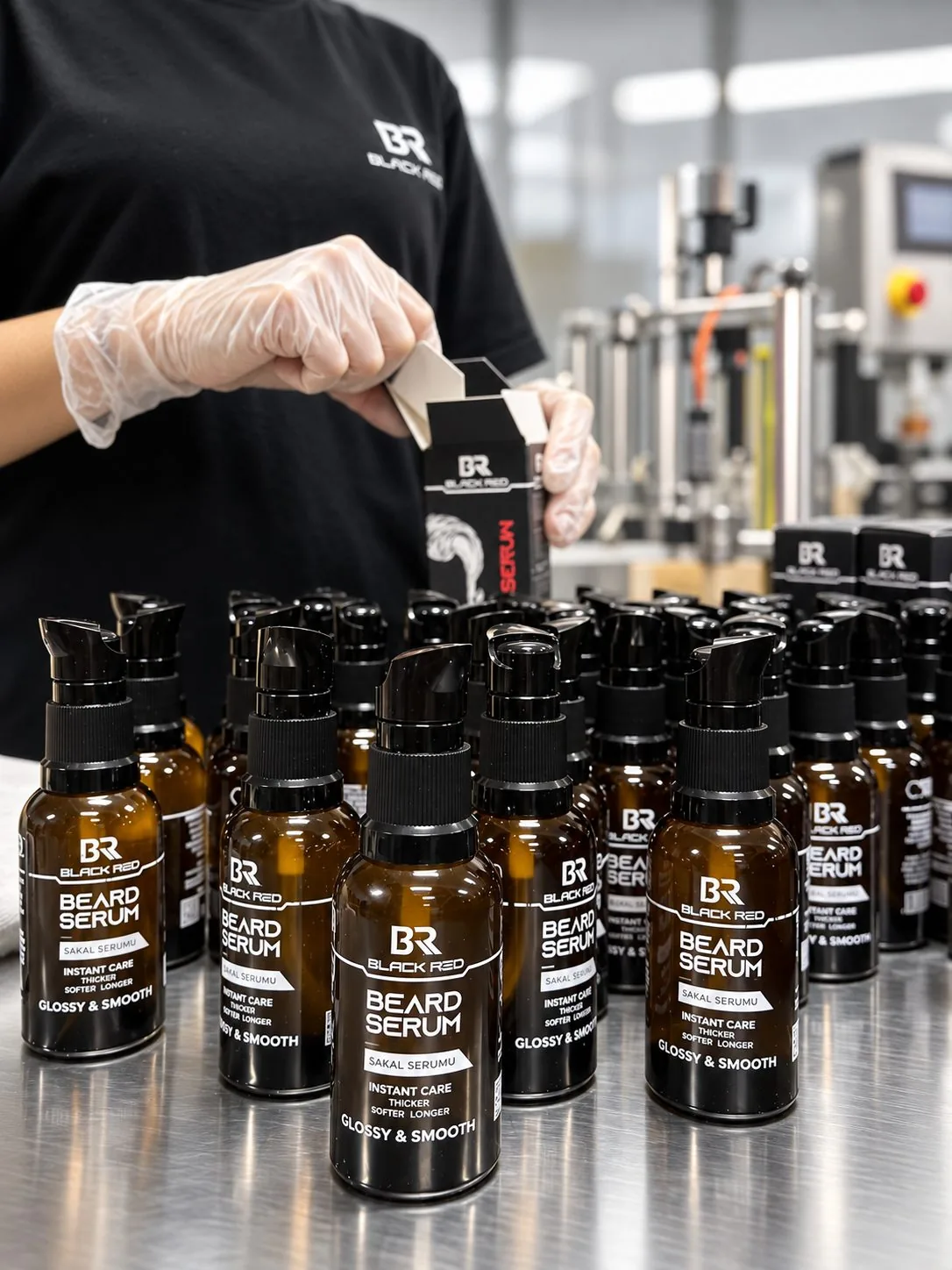 Beard serum bottles being boxed